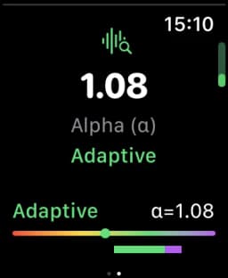 SelfSense Apple Watch showing DFA alpha value 1.08 in adaptive state with color-coded scale