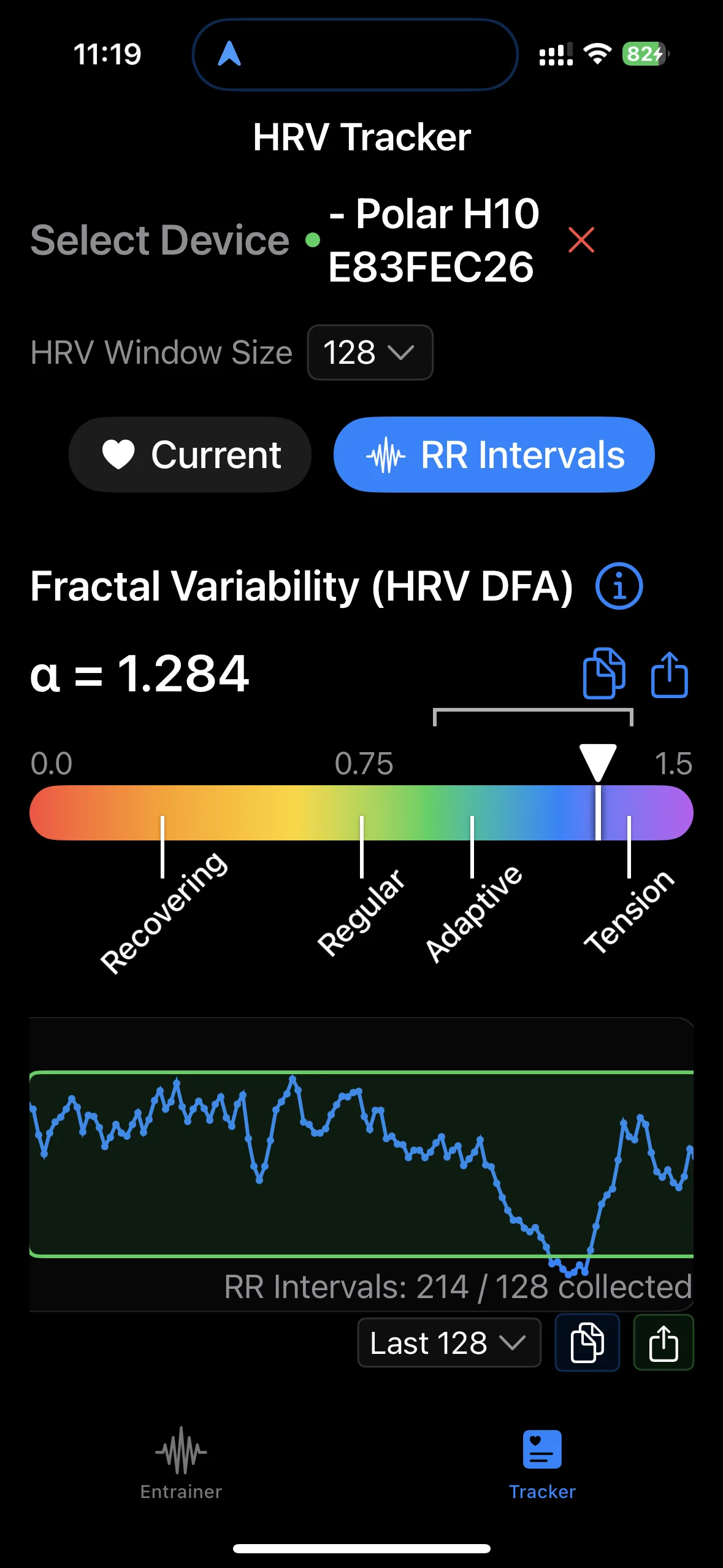 Fractal variability (HRV DFA) screen in SelfSense with DFA alpha 1.28 and a live RR-interval chart from a Polar H10 sensor