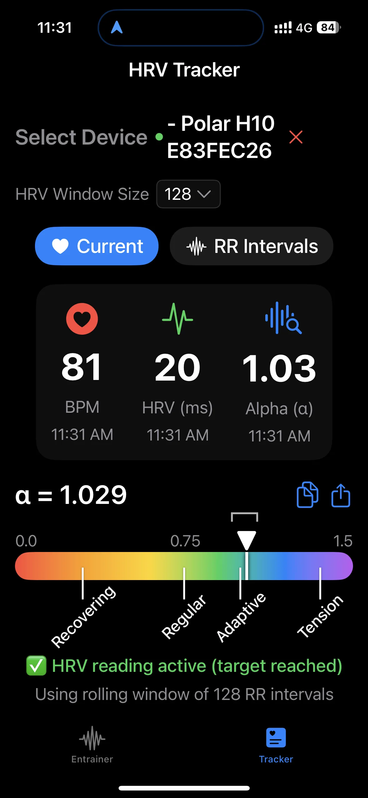 SelfSense HRV tracker screen showing heart rate, HRV in ms, and DFA alpha 1.03 in the adaptive zone on the recovering–regular–adaptive–tension scale