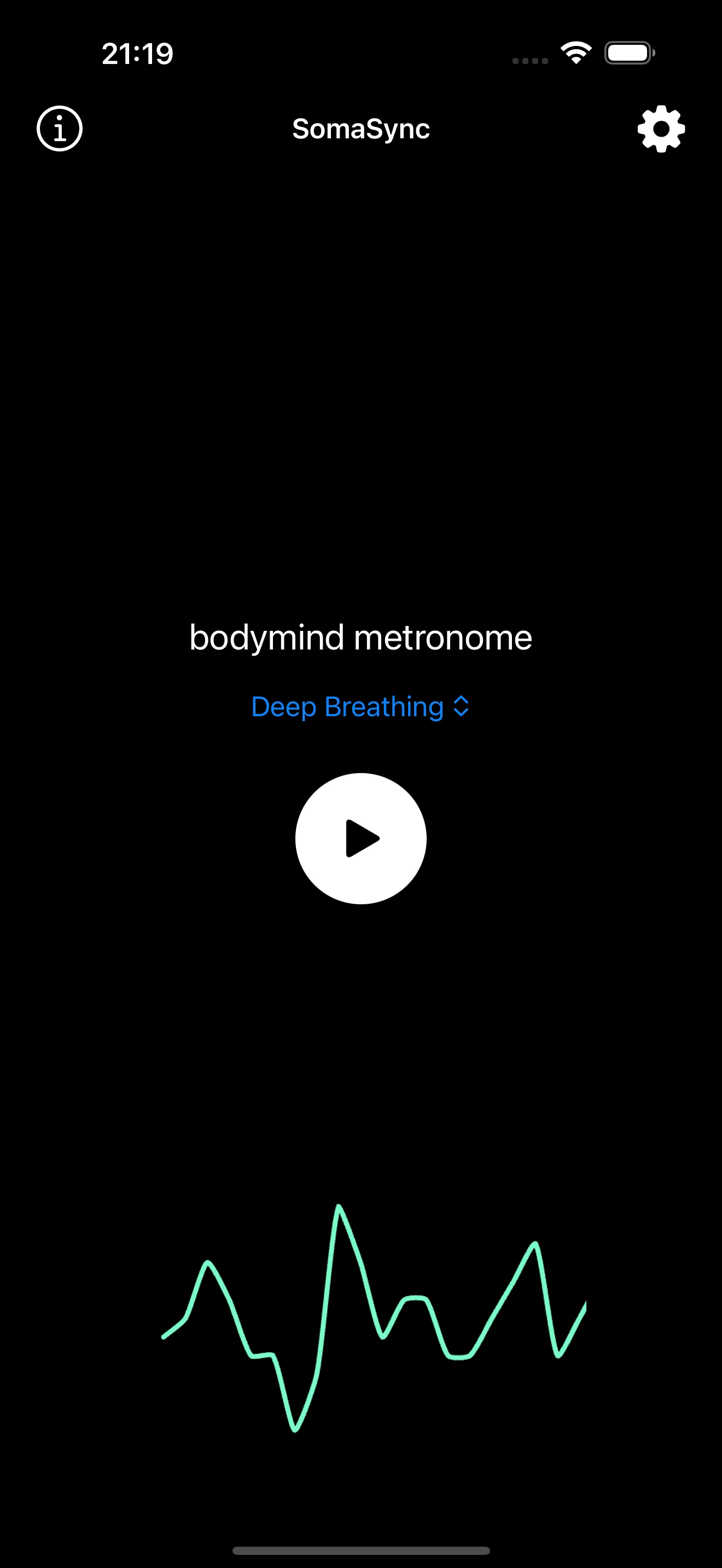 Bodymind metronome screen in SelfSense guiding deep breathing with a fractal rhythm waveform